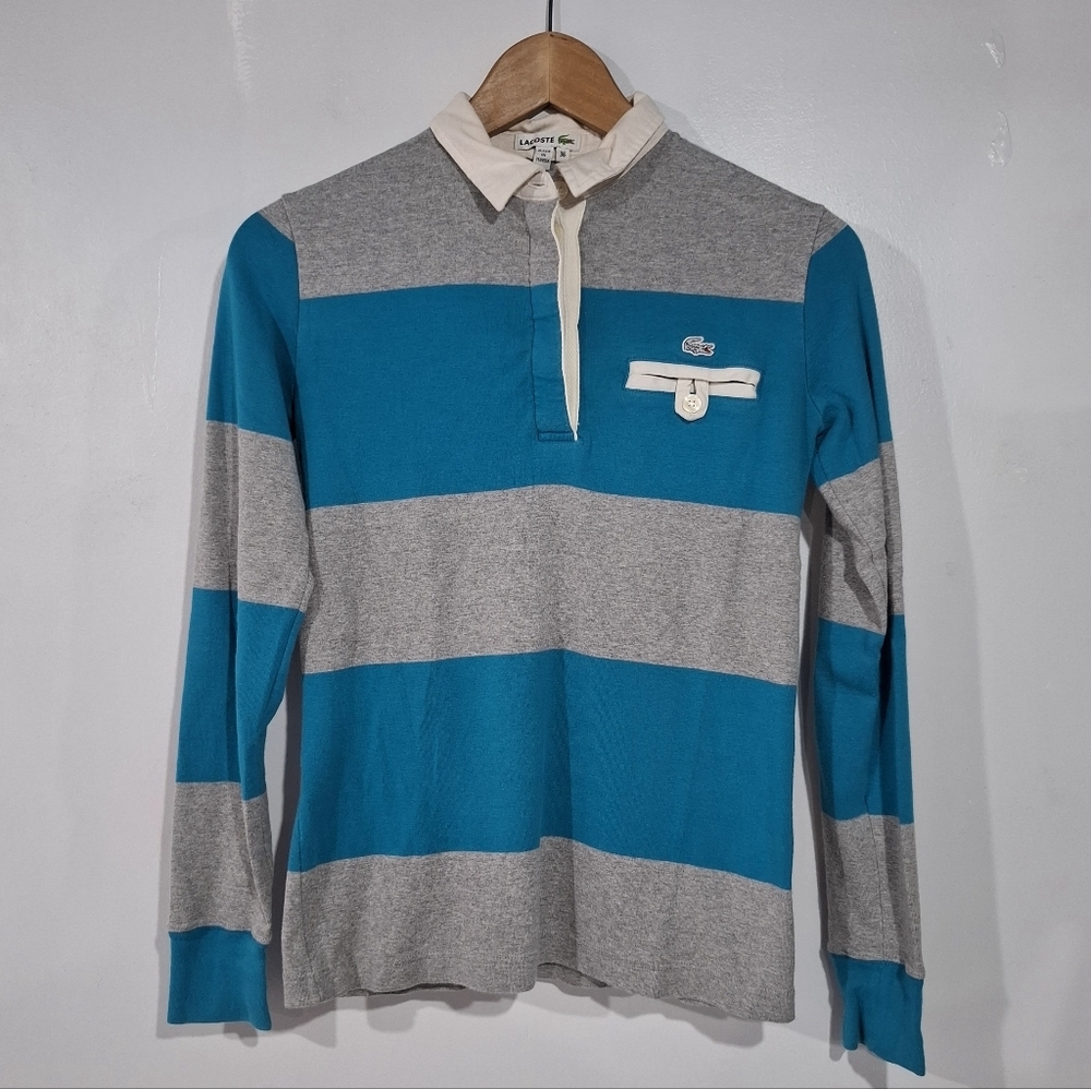 Lacoste Rugby Polo Shirt Women Small (36) Blue Gray Stripe Long Sleeve Croc